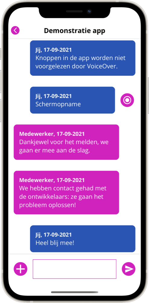 Dit screenshot van de Ontoegankelijk app toont een gesprek over een melding